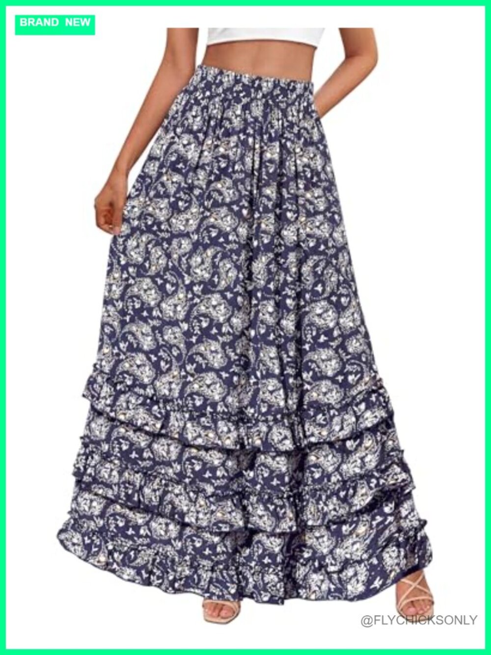 Flowy A-Line Maxi Skirt Floral Boho Long Ruffle Tiered Wedding Guest